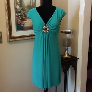 Tiana B. turquoise beaded sleeveless dress gathered bodice beaded accent 4 EUC…
